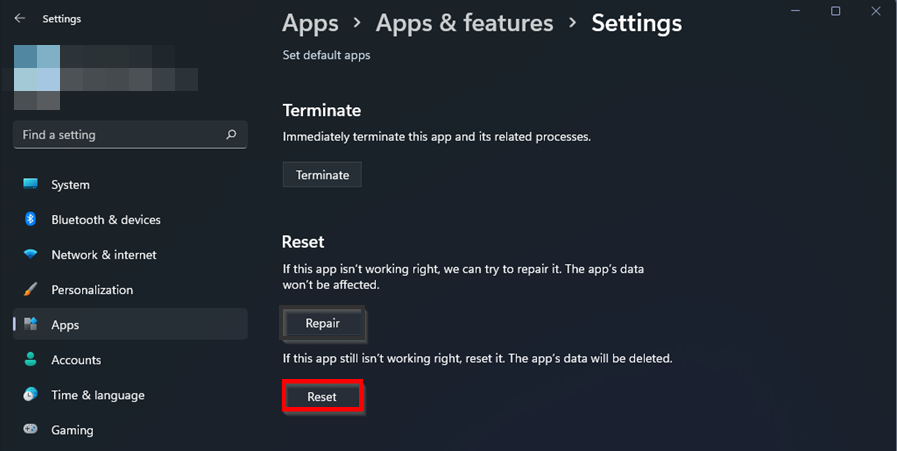 Кнопка Сброс в параметрах приложения