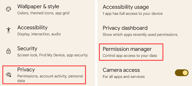 Раздел Конфиденциальность в настройках Android.