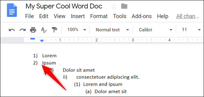 Установите курсор в начале строки и нажмите Shift+Tab, чтобы повысить элемент списка.