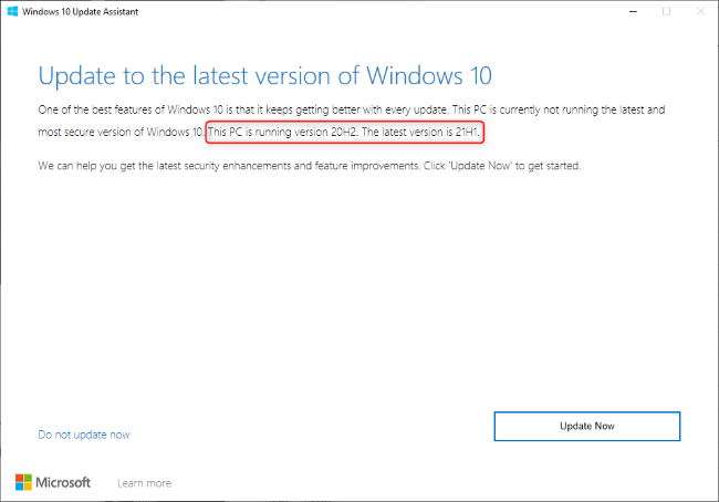 Помощник обновления Windows 10 предлагает обновление до 21H1.