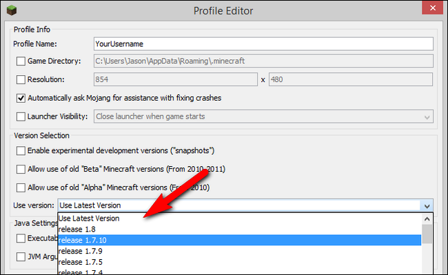 Выбор версии в редакторе профиля