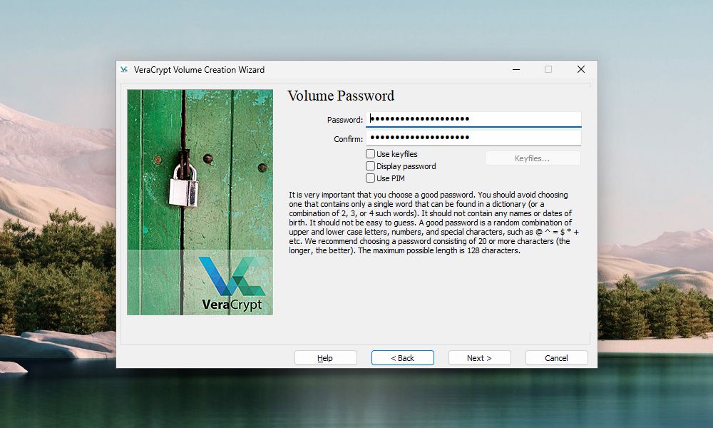 установка пароля для тома VeraCrypt