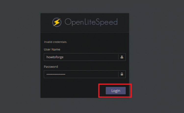 Страница входа в административную консоль OpenLiteSpeed