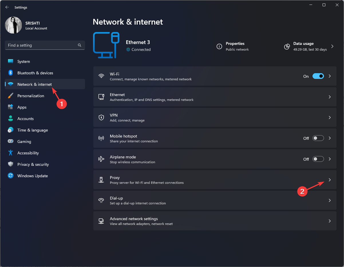 Раздел прокси в настройках сети Windows