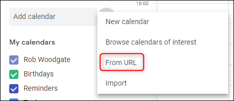Меню добавления календаря по URL в Google Calendar
