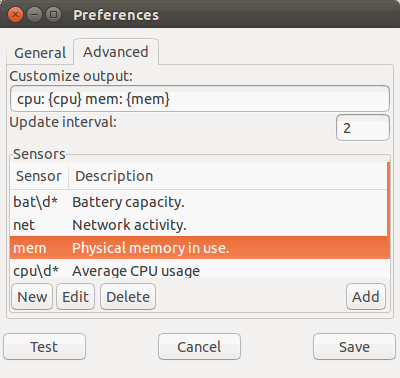 Список доступных опций в Indicator-Sysmonitor