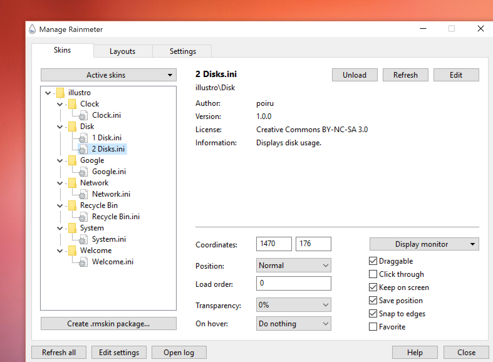 Окно управления скинами Rainmeter