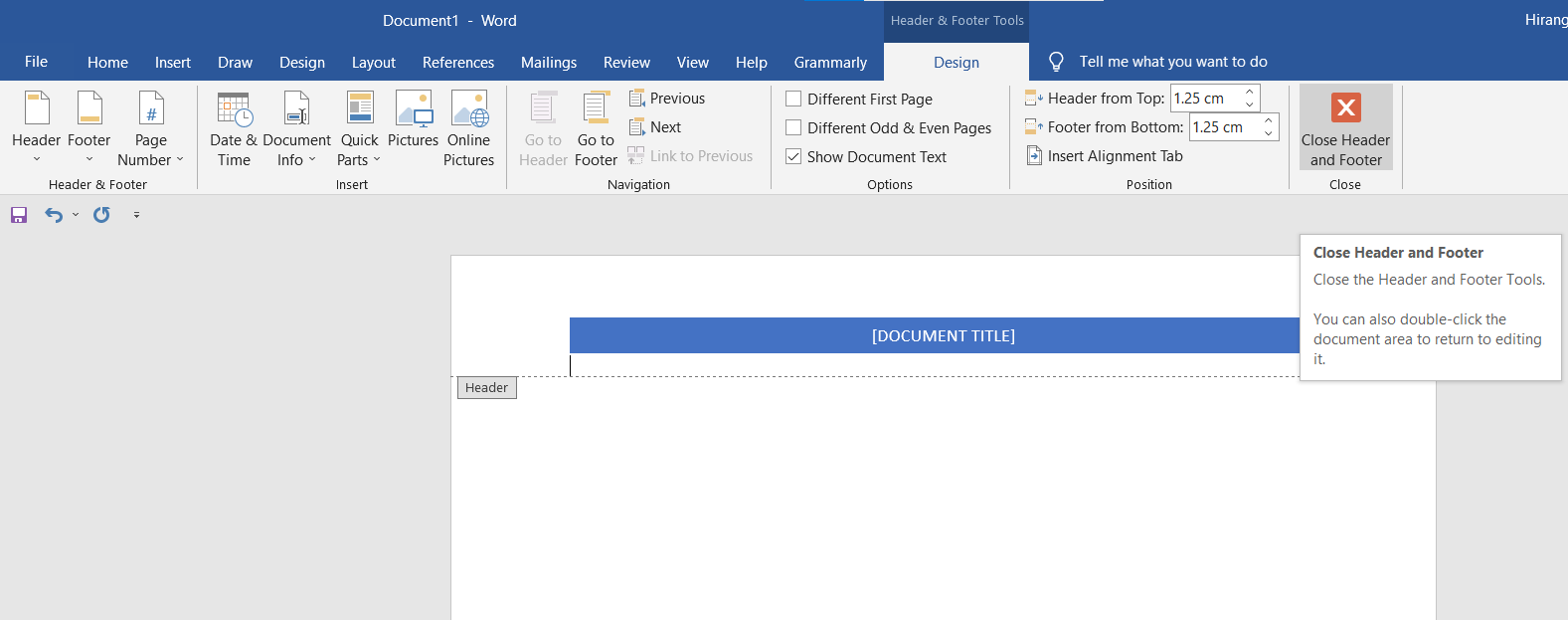 Закрытие области заголовка и нижнего колонтитула