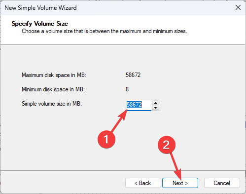 Выбор размера тома — Далее
