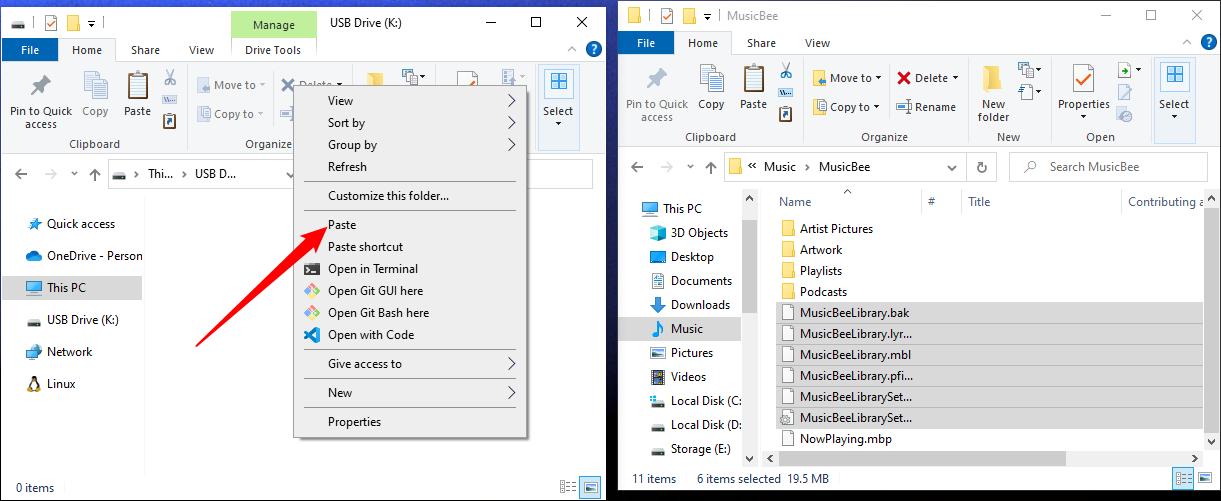 Щёлкните по пустому месту на флешке и выберите «Вставить». 