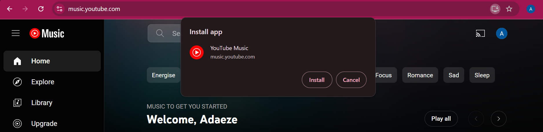 Иконка установки YouTube Music в адресной строке браузера