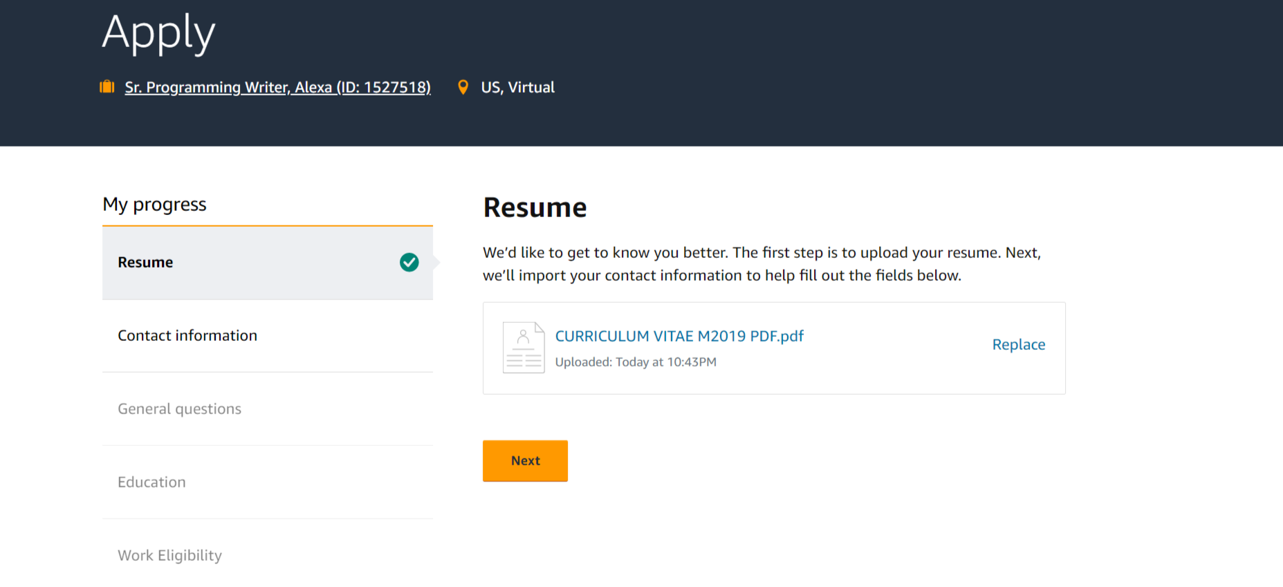 Форма онлайн‑заявки Amazon на работу