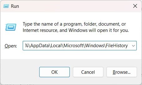 Открытие папки FileHistory в Проводнике