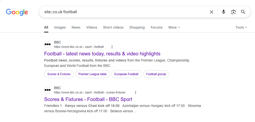 Результат поиска Google для запроса по региональной доменной зоне