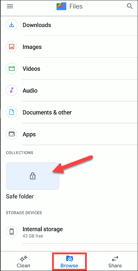 Раздел Collections и пункт Safe Folder в приложении Files by Google