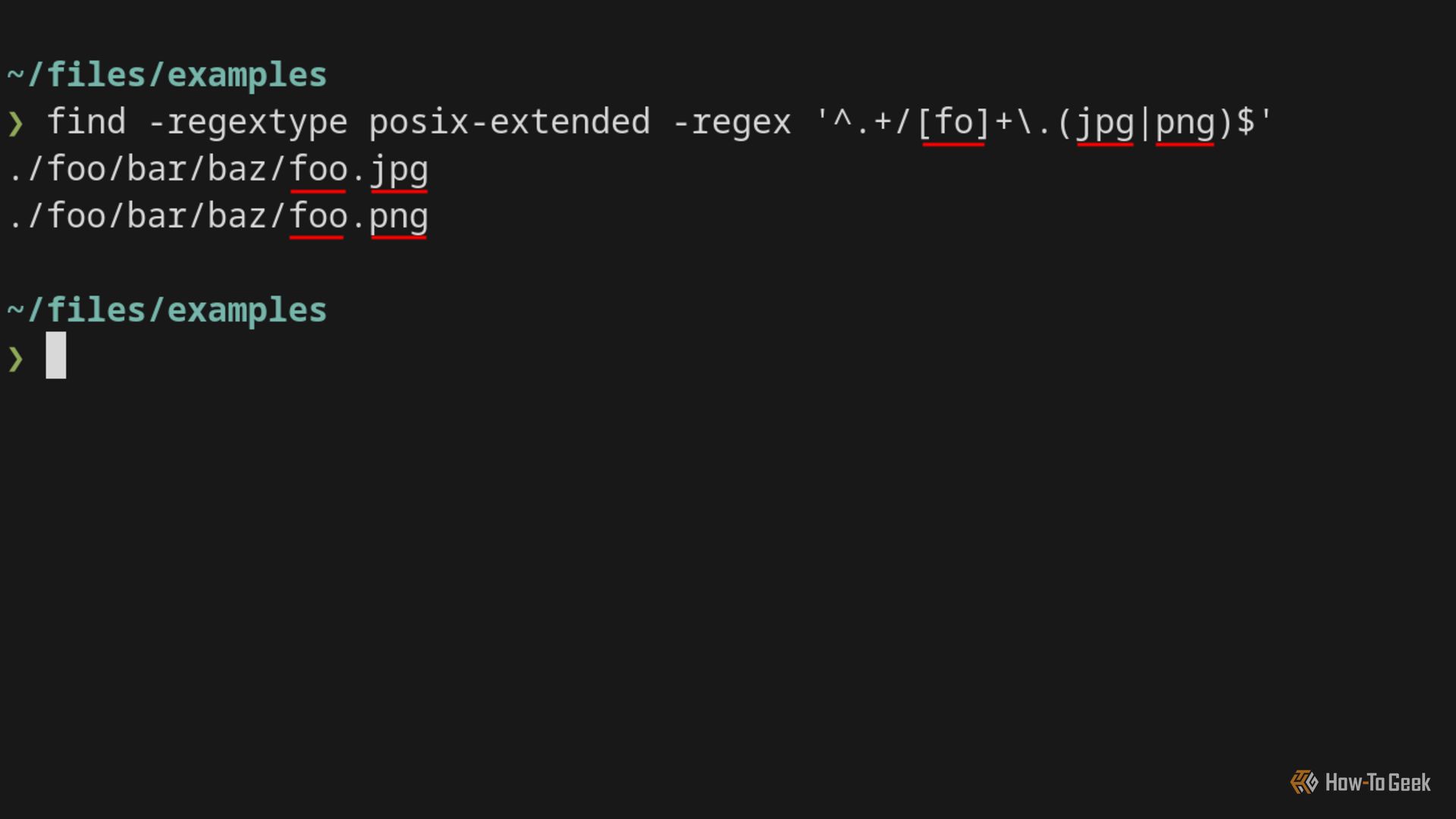 Терминал с командой find, использующей regextype и regex.