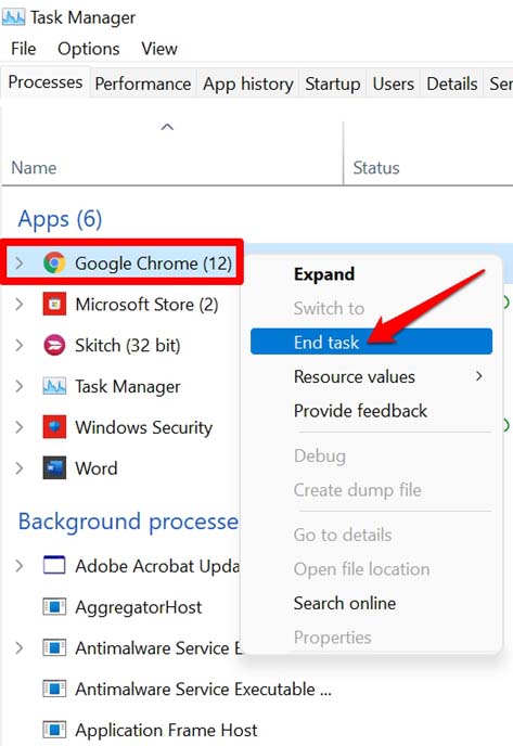 Закрытие Google Chrome с помощью Диспетчера задач