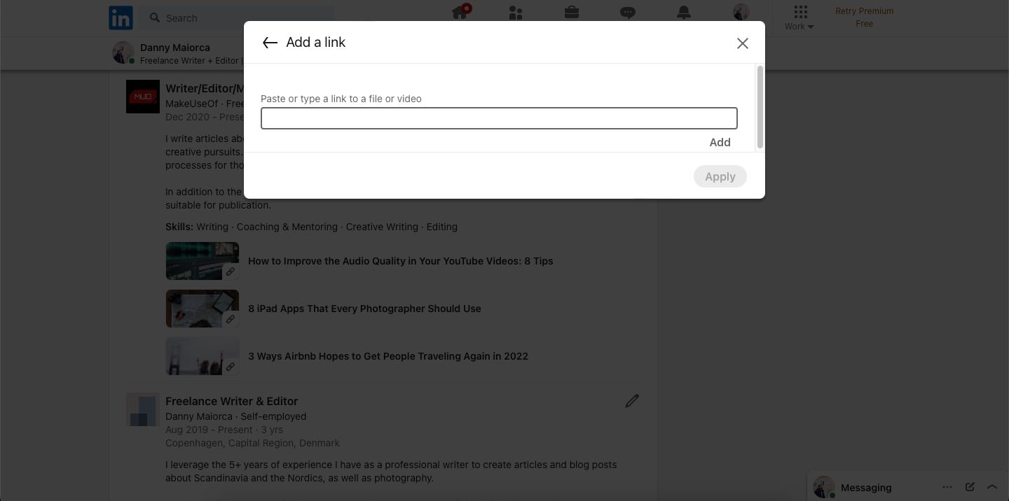 Скриншот добавления ссылки в разделе Опыт
