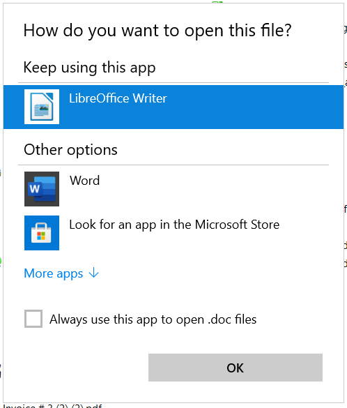 Окно выбора приложения для открытия файла