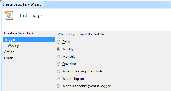 Выбор триггера запуска — еженедельно