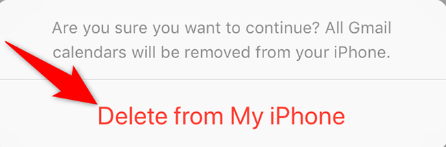 Подтверждение удаления календарей с iPhone через меню «Удалить с iPhone».
