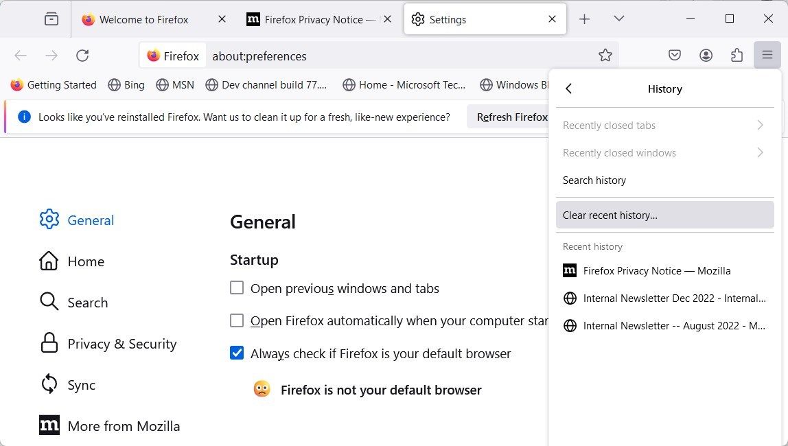Окно очистки недавней истории в Firefox