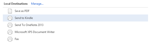Выбор Send-to-Kindle в диалоге печати