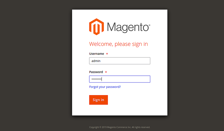 Вход в админку Magento