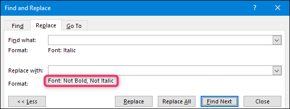Окно 'Найти и заменить' с форматом замены 'Обычный'