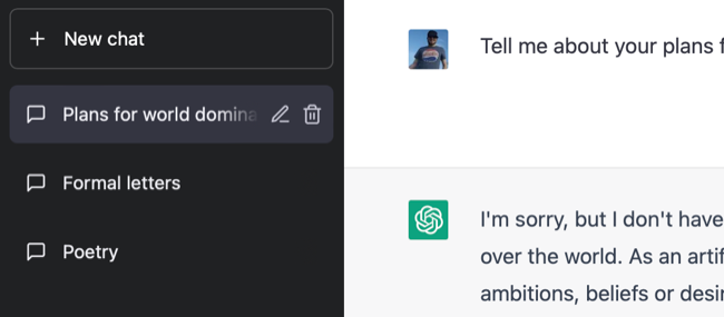 История разговоров ChatGPT в боковой панели браузера