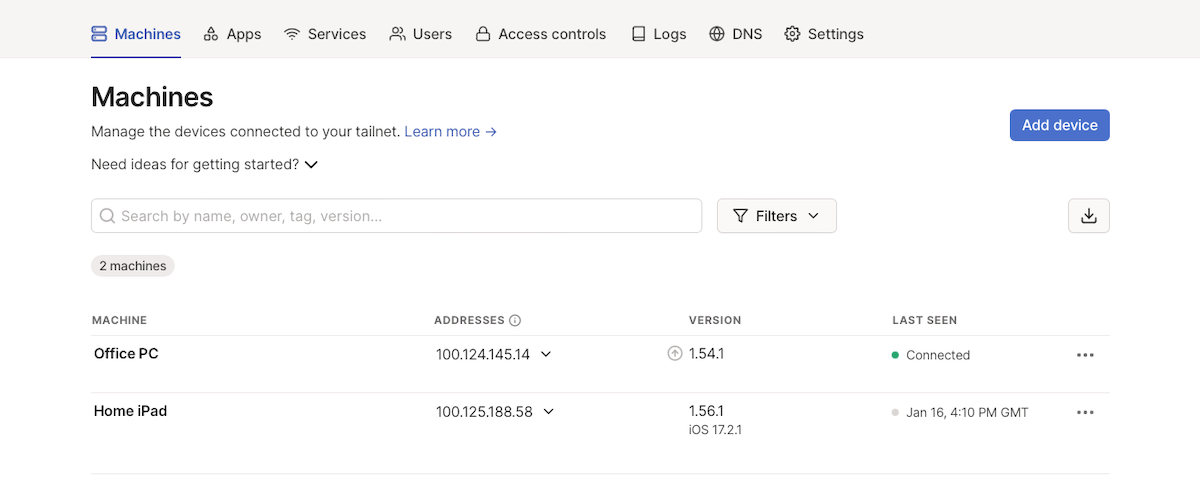 Консоль администратора Tailscale открыта на вкладке Machines с перечнем устройств