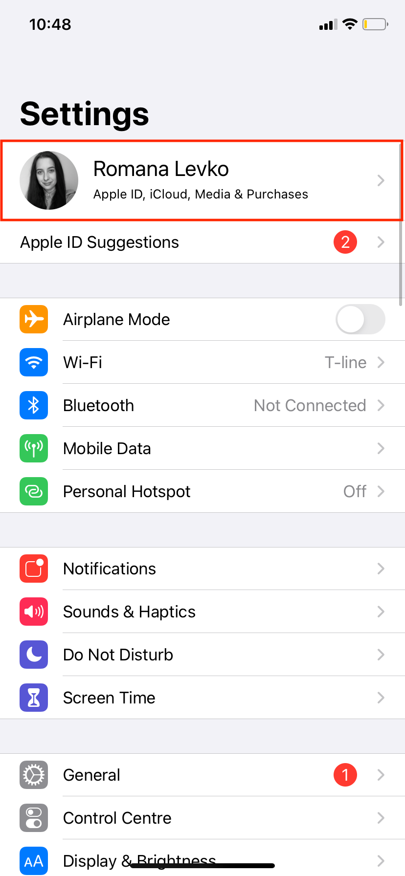 Экран настроек с разделом iCloud