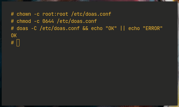 Скриншот: итоговые настройки и проверка doas