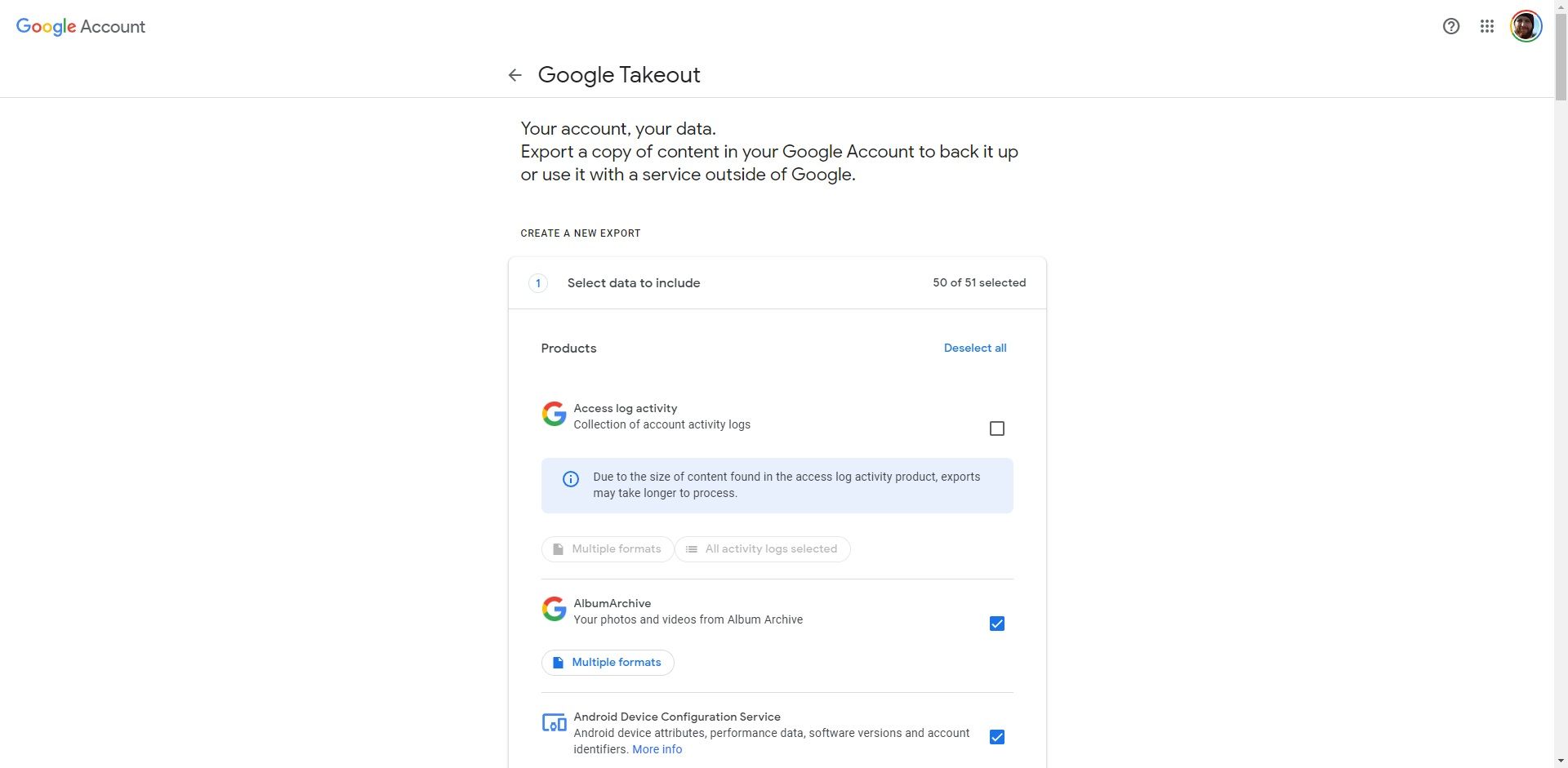 Выбор сервисов для экспорта в Google Takeout