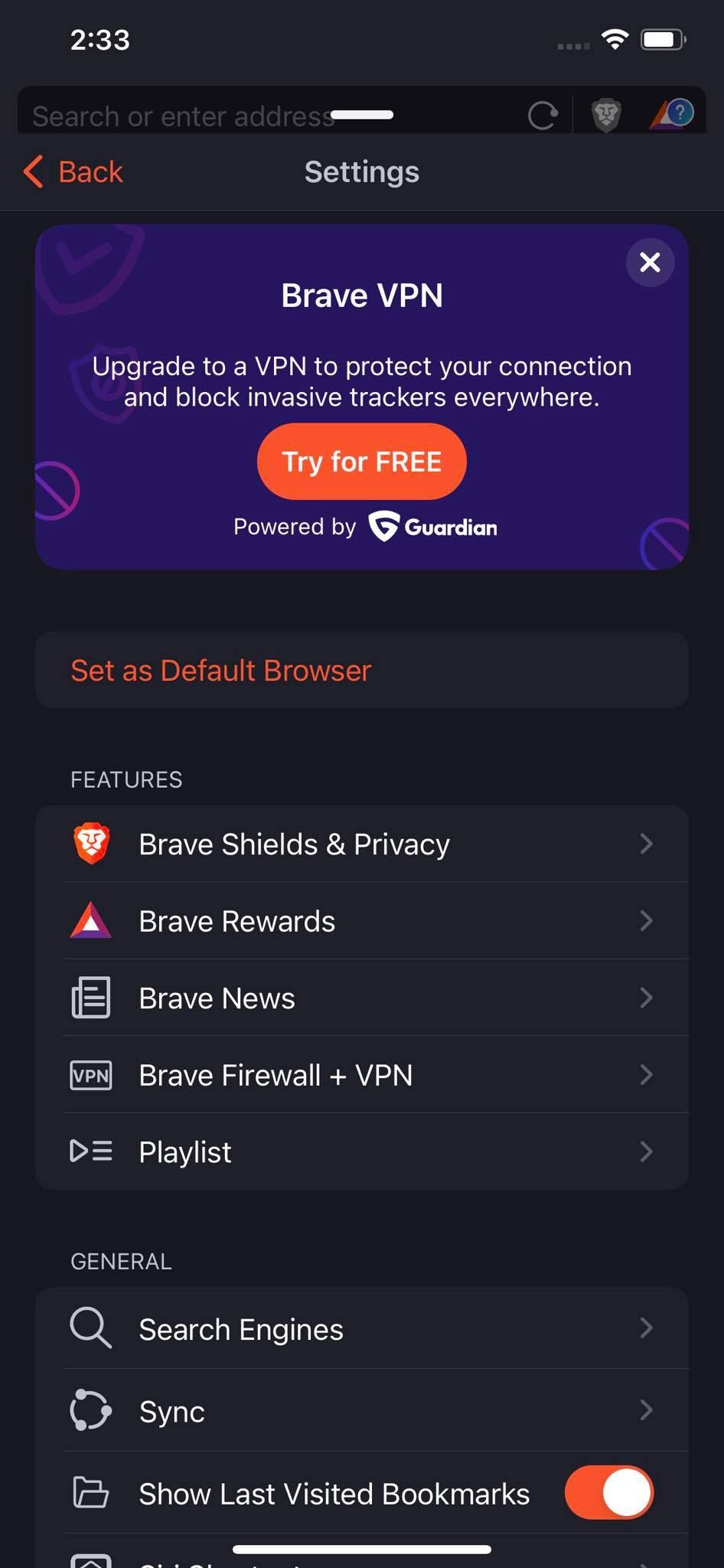 Настройки поисковой системы в Brave на iOS