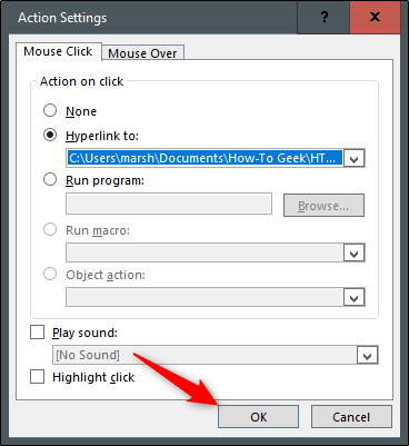 Окно параметров действий с указанной гиперссылкой на файл