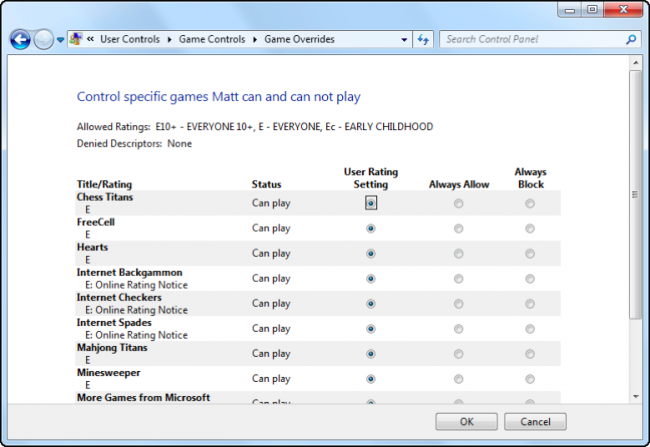 Изображение: список игр и режимов блокировки/разрешения