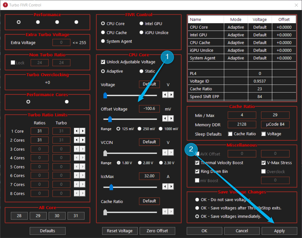 FIVR с установкой Offset Voltage для CPU Core на -100