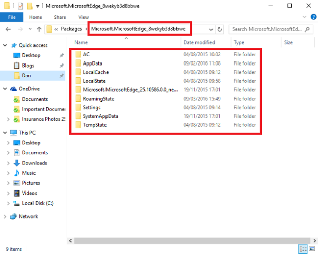 Папка AppData Local Packages MicrosoftEdge с файлами для удаления