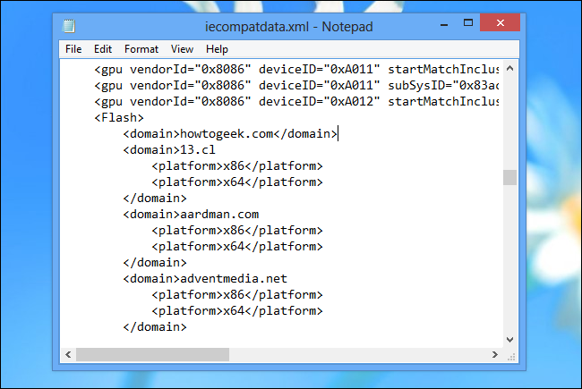 Редактирование XML-файла iecompatdata.xml в Блокноте