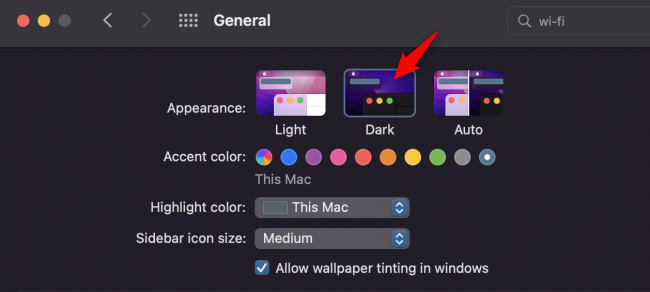 Включение системной тёмной темы в системных настройках macOS