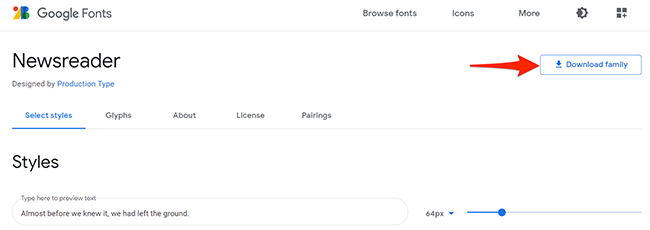 Нажмите «Download family» на сайте Google Fonts