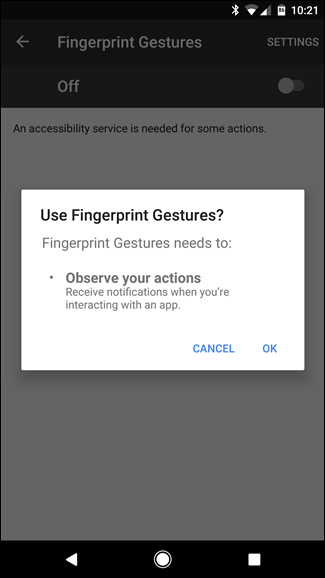 Скриншот: подтверждение включения специальных возможностей для Fingerprint Gestures