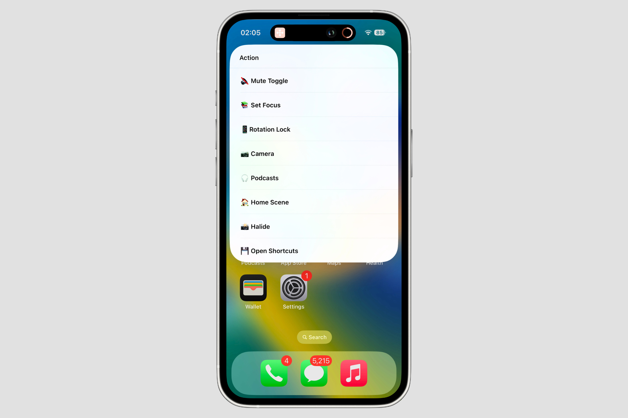 Скриншот меню Action Button, созданного через приложение Shortcuts.