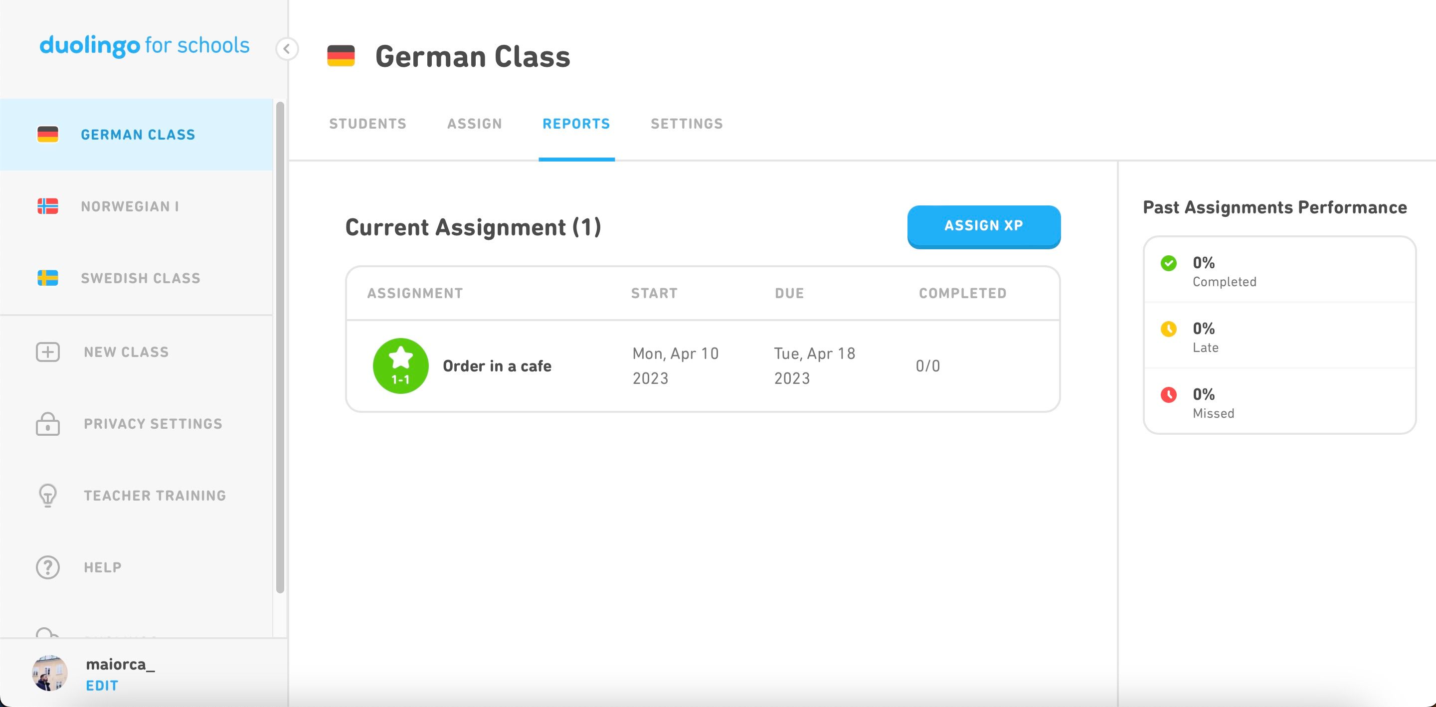 Прогресс в Duolingo for Schools: экран отчётов по учащимся