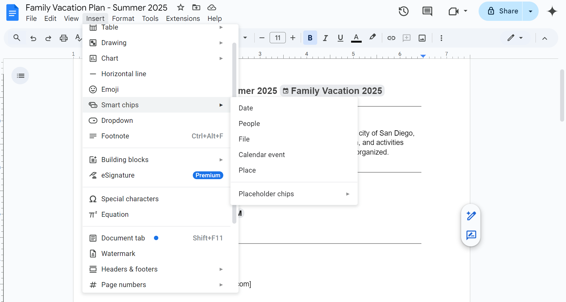 Smart chips inserted via the insert tab in the document.