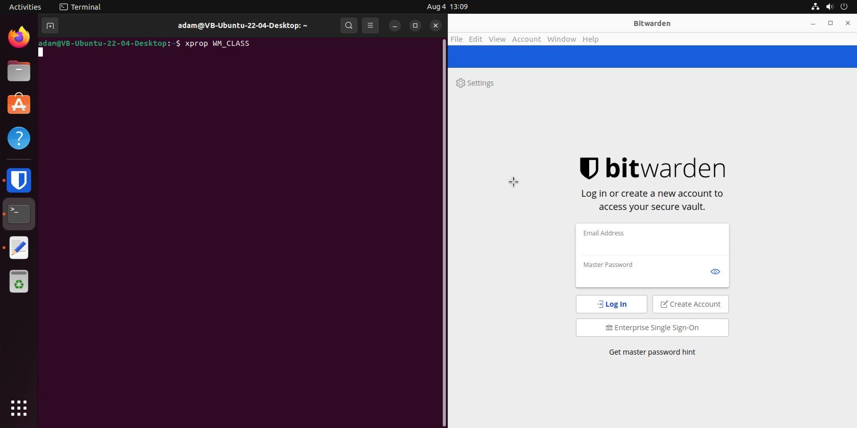 Десктоп Ubuntu с открытым терминалом и окном Bitwarden.