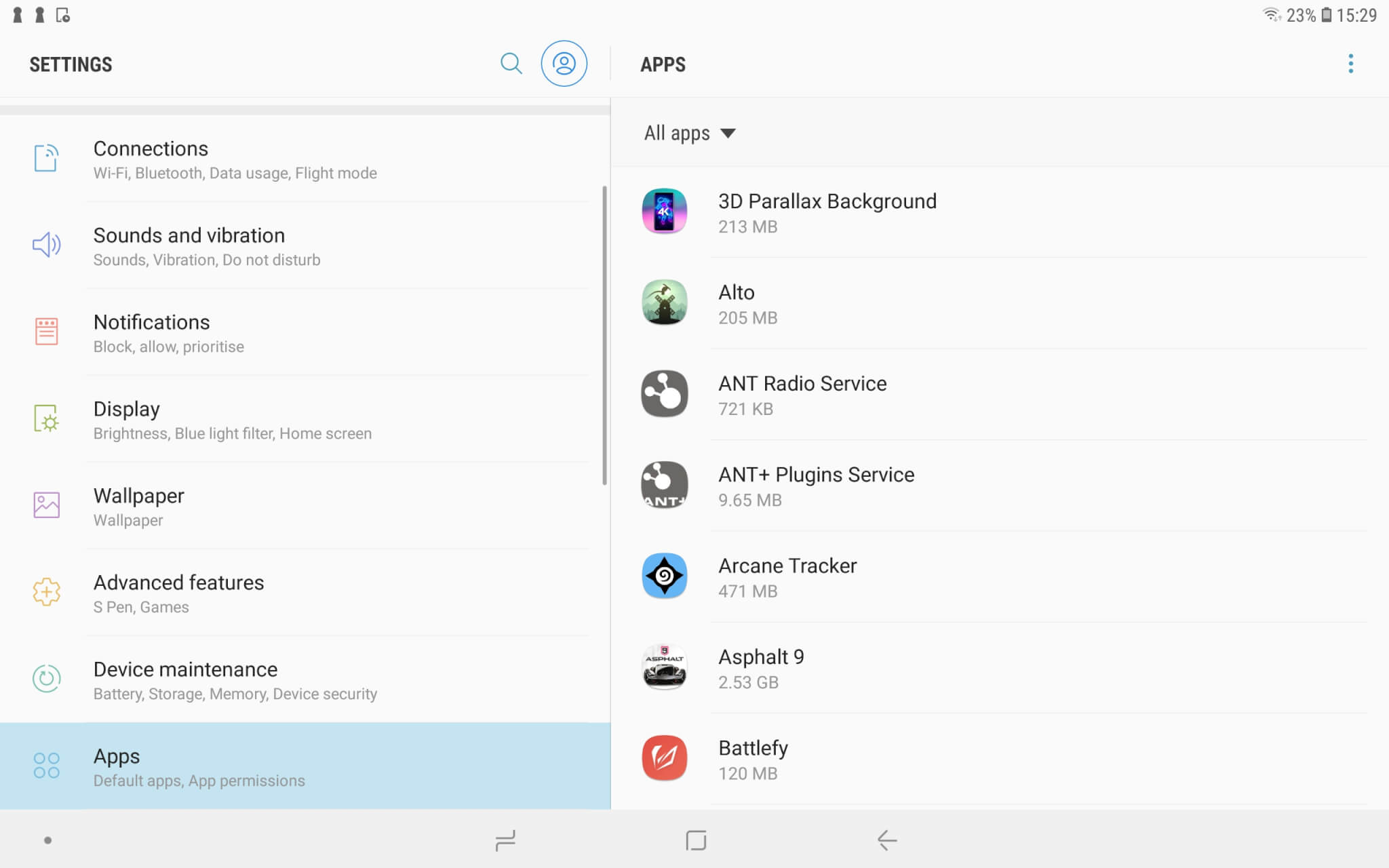 Список приложений в настройках Android