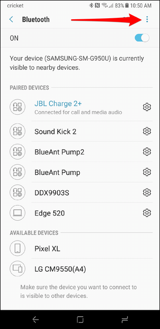 Меню Bluetooth с дополнительными опциями на Galaxy S8