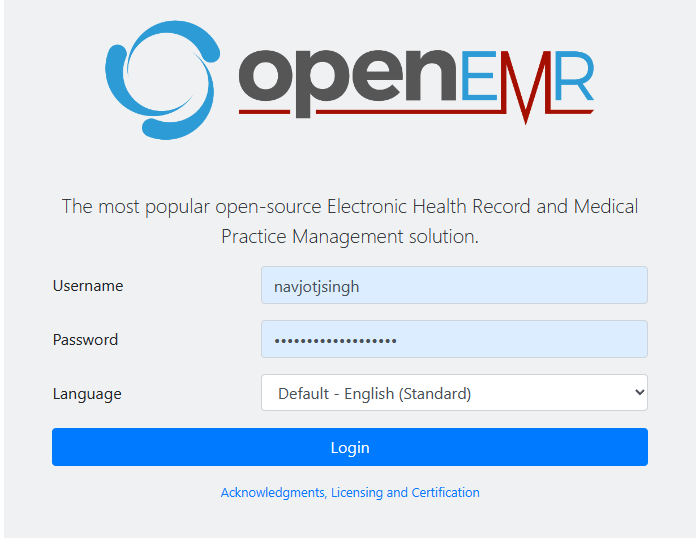 Страница входа OpenEMR